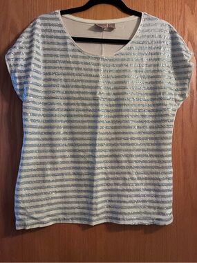 🎉 5 for $25 Chico's Sequin Stripe sequin Short Sleeve Top - White & Light Blue